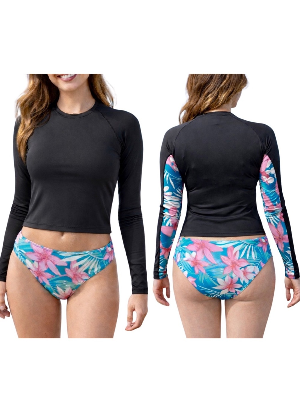 CUPSHE Tropical Floral Long Sleeve Rash Guard Swimsuit • Large • NEW WITH TAGS